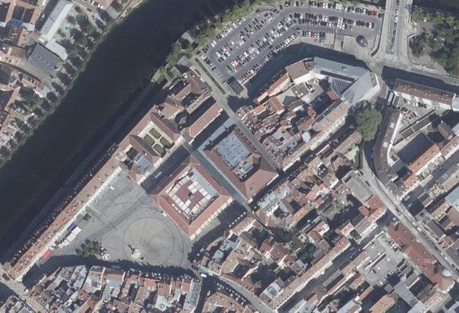 Vue aérienne Halles Beaux-Arts — Comptoirs Bisontins, Besançon