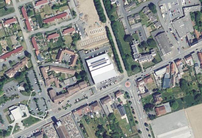 Vue aérienne Halles de Bernicourt, Roost-Warendin