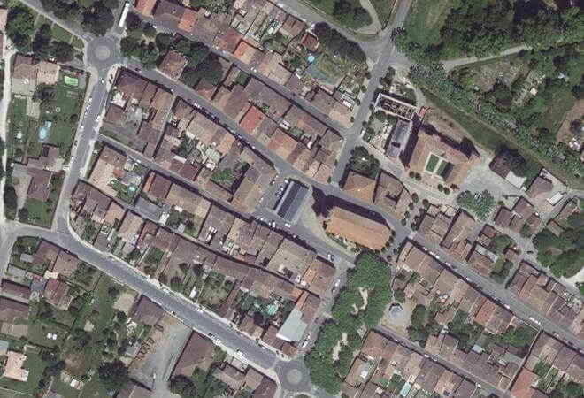 Vue aérienne La Halle, Saint-Nicolas-de-la-Grave