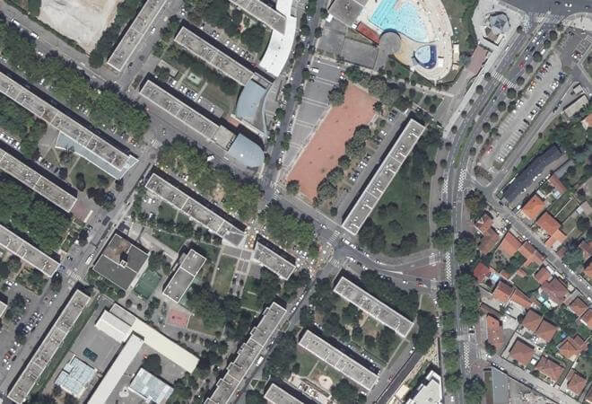 Vue aérienne Marché alimentaire Mermoz Sud, Lyon