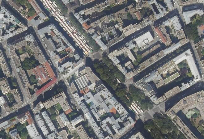 Vue aérienne Marché Belleville, Paris