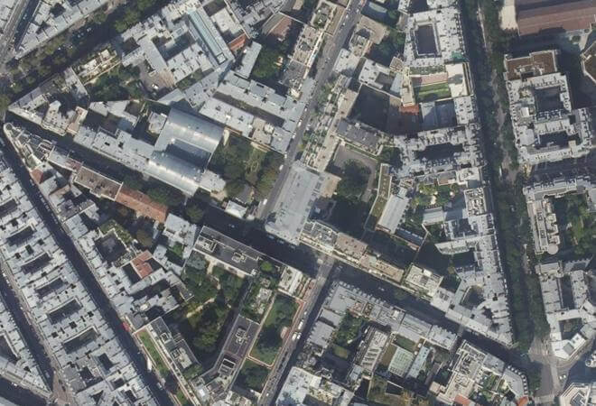 Vue aérienne Marché couvert Saint-Didier, Paris