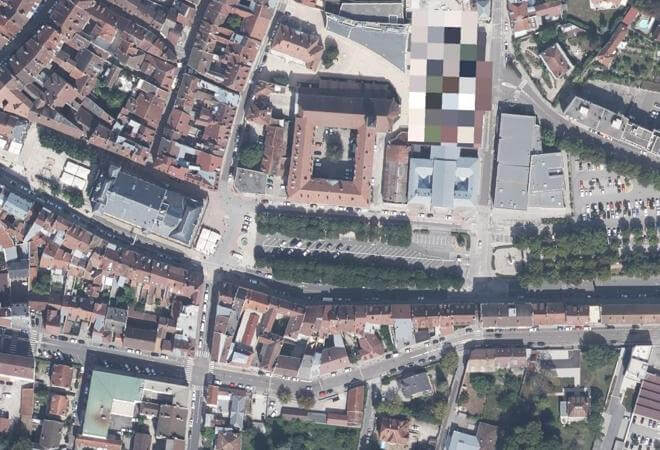 Vue aérienne Marché des producteurs réunis, Lons-le-Saunier