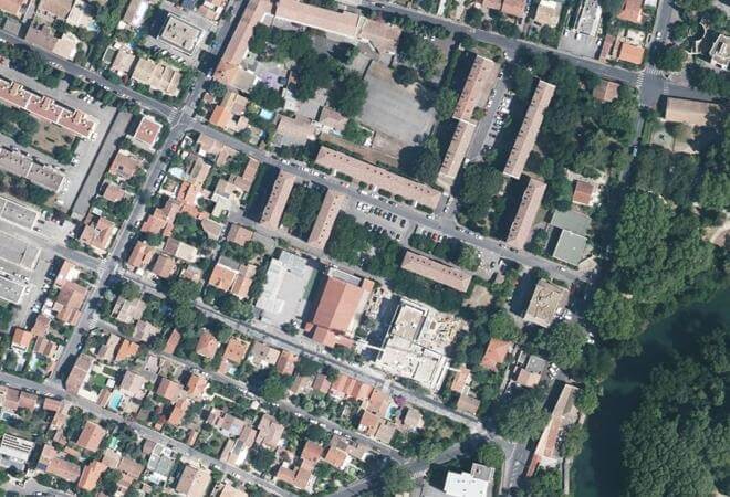 Vue aérienne Marché Paysan des Aubes, Montpellier