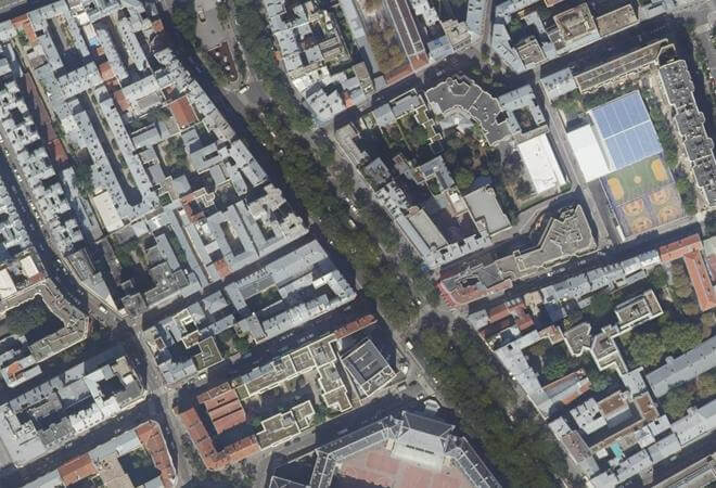 Vue aérienne Marché Père-Lachaise, Paris